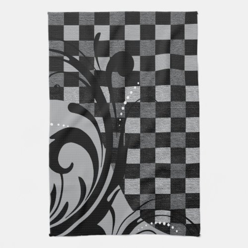Checkered Swirly Pattern  Gray and Black Kitchen Towel