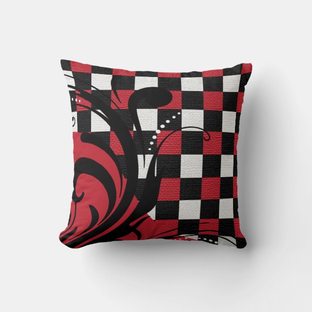 Checkered Swirly Pattern | Red, White, Black Throw Pillow (Front)