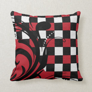 Checkered Swirly Pattern   Red, White, Black Throw Pillow