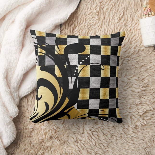 Checkered Swirly Pattern | Silver, Gold, Black Throw Pillow (Blanket)