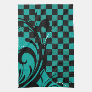 Checkered Swirly Pattern Teal Blue, Black Kitchen Towel