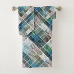 checkered, tartan, plaid, classic, blue, white bath towel set