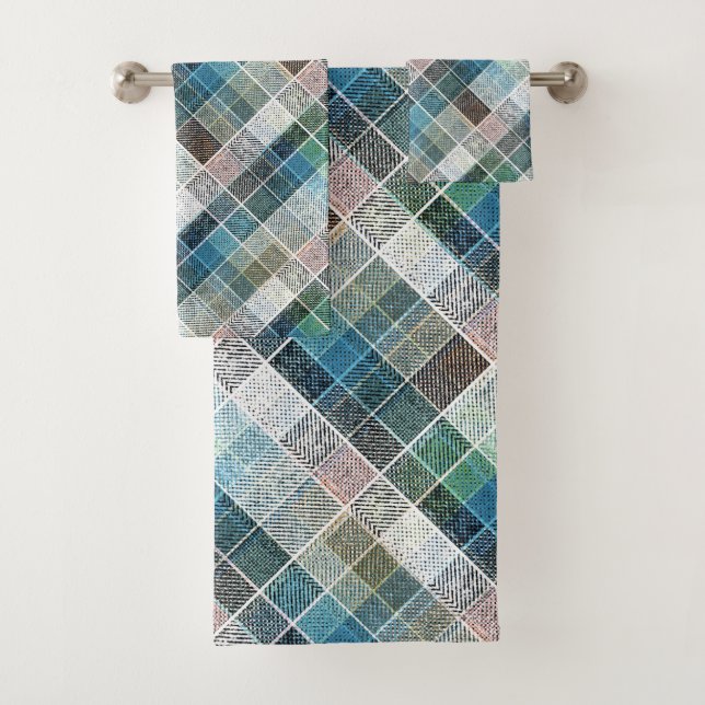 checkered, tartan, plaid, classic, blue, white bath towel set (Insitu)