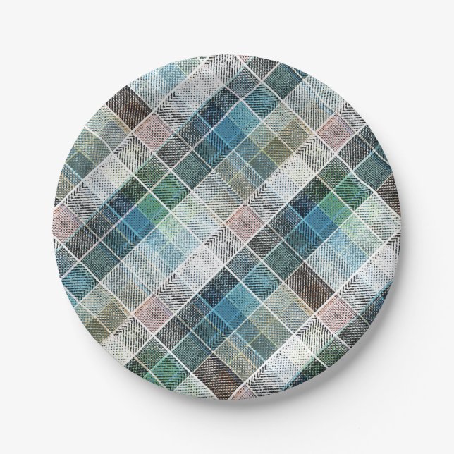 checkered, tartan, plaid, classic, blue, white paper plates (Front)