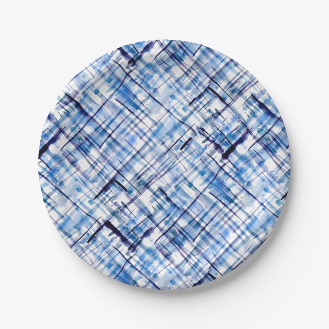 checkered, tartan, plaid, classic, blue, white paper plates (Front)