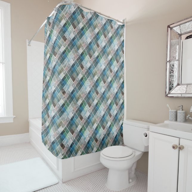 checkered, tartan, plaid, classic, blue, white shower curtain (In Situ)