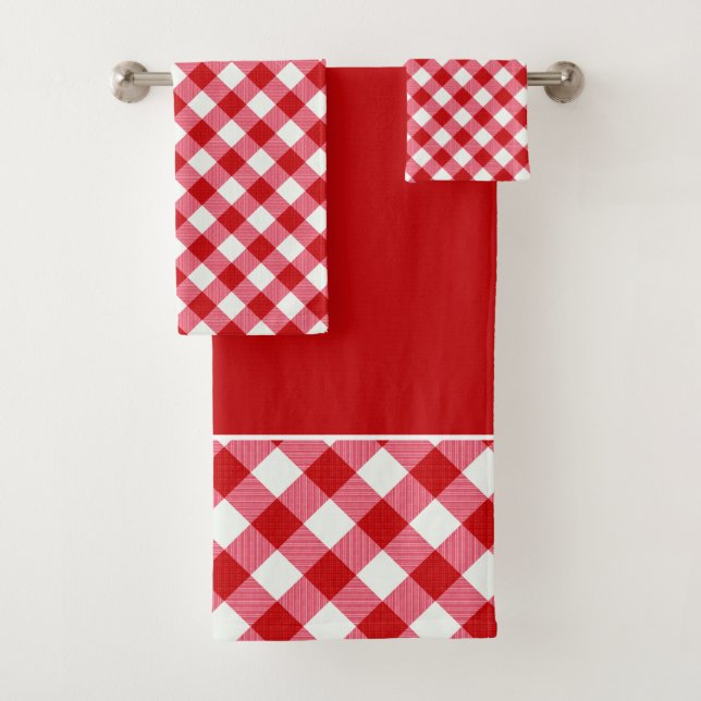 checkered tartan plaid classic red white texture.  bath towel set (Insitu)