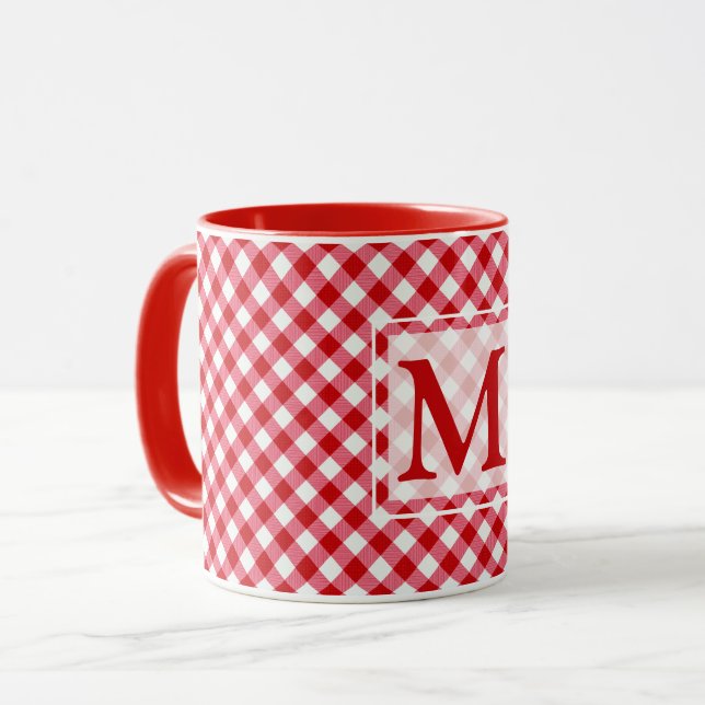 checkered tartan plaid classic red white texture mug (Front Left)