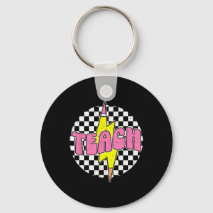 Checkered Teach Pencil Lightning Bolt Back To Scho Keychain