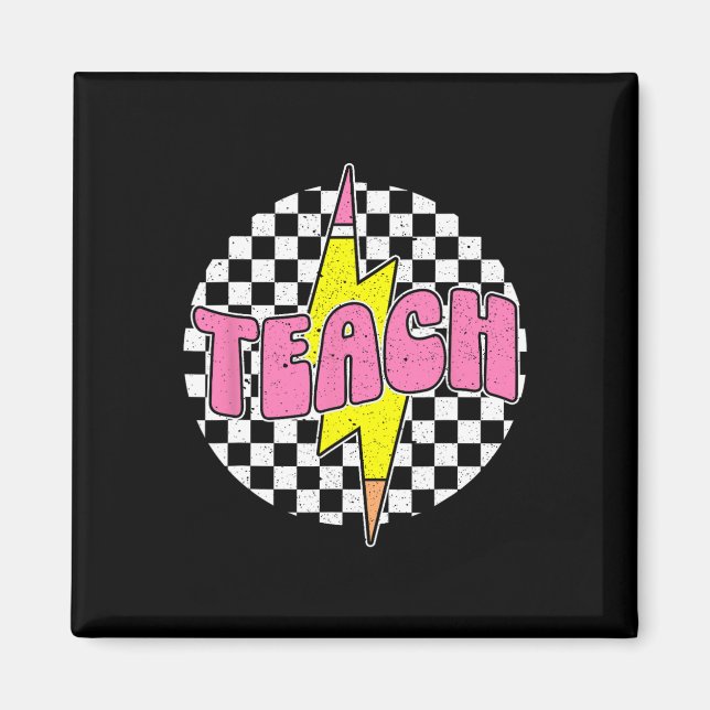 Checkered Teach Pencil Lightning Bolt Back To Scho Magnet (Front)