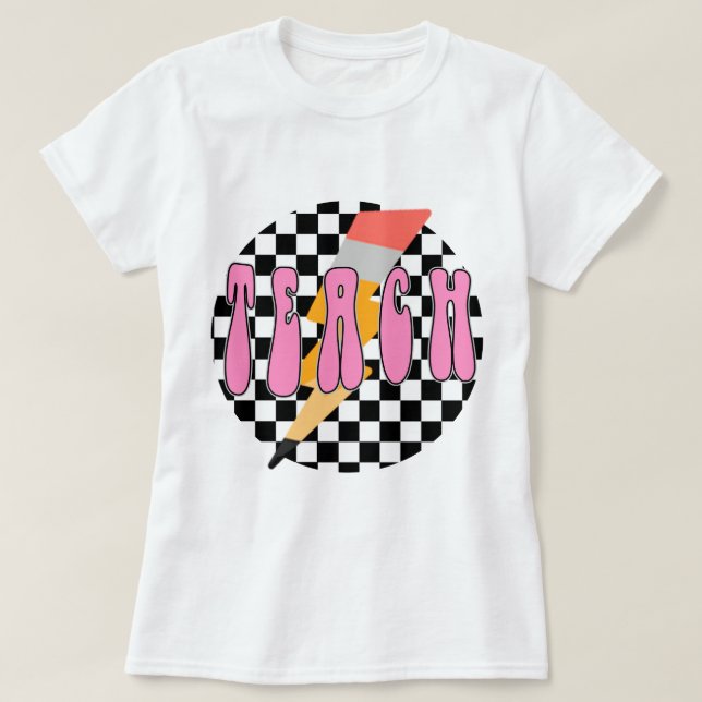 Checkered Teach Shirt, Retro Pencil Teacher Shirt, T-Shirt (Design Front)