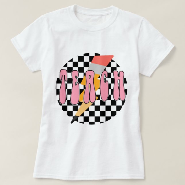 Checkered Teach Shirt, Retro Pencil Teacher Shirt, T-Shirt (Design Front)
