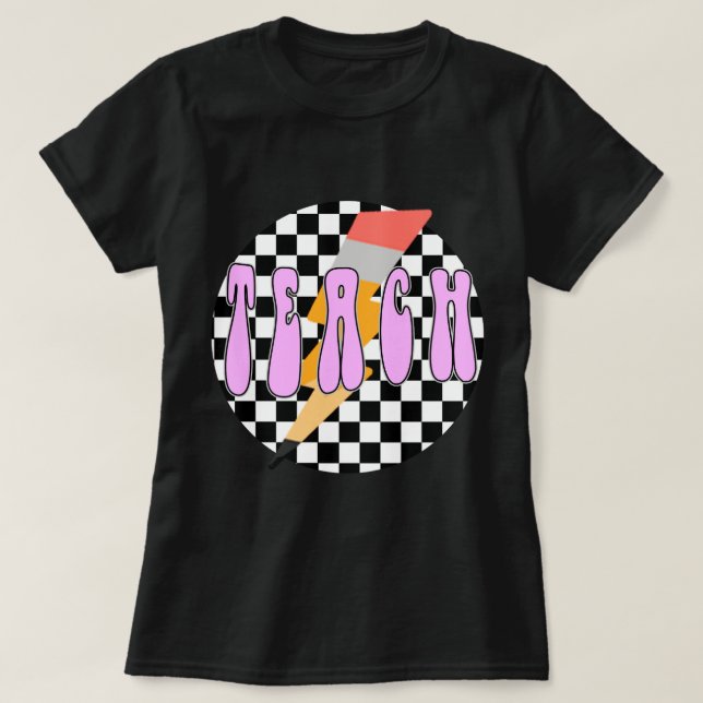 Checkered Teach Shirt, Retro Pencil Teacher Shirt, T-Shirt (Design Front)