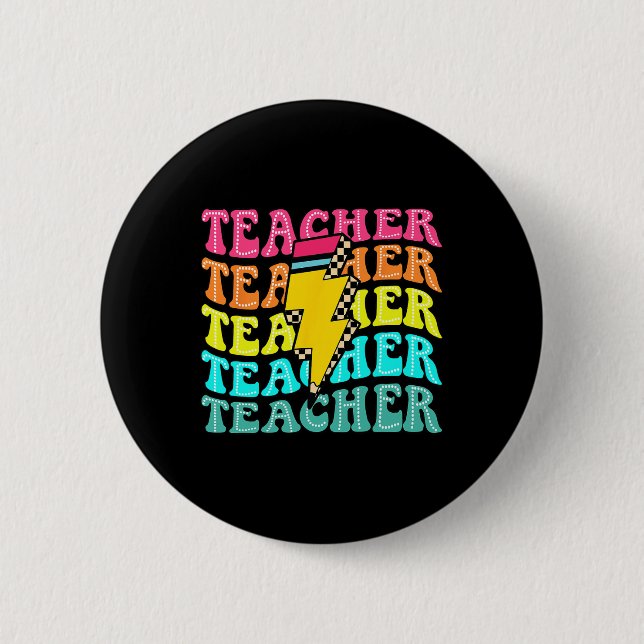 Checkered Teacher Bolt Lightning Back To School Te Button (Front)