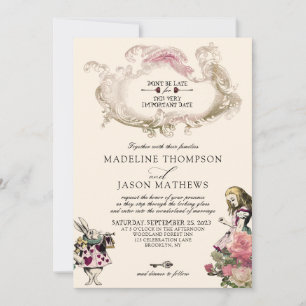 Checkered Teal Blush Alice in Wonderland Wedding Invitation