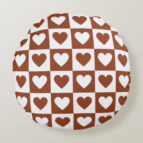 Checkered Terracotta Love Hearts Checkerboard Round Pillow