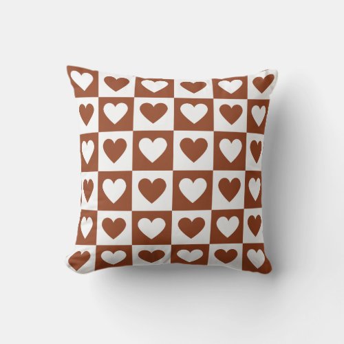 Checkered Terracotta Love Hearts Checkerboard Throw Pillow