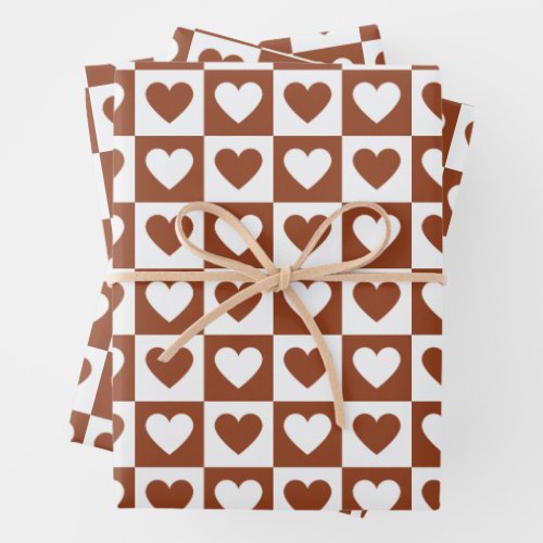 Checkered Terracotta Love Hearts Checkerboard Wrapping Paper Sheets