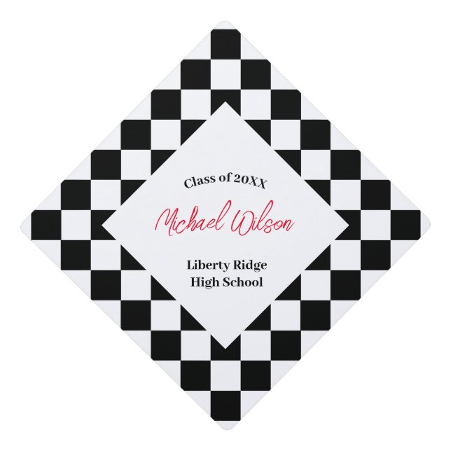 Checkered  trendy retro geometric pattern graduation cap topper (Front)
