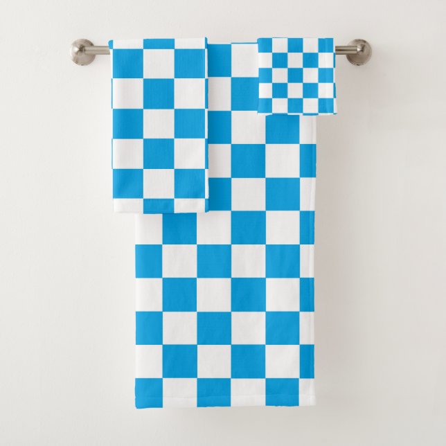 Checkered Turquoise and White Bath Towel Set (Insitu)