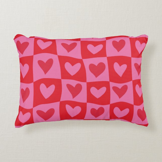 Checkered Warped Pink and Red Hearts Pattern  Accent Pillow (Front)