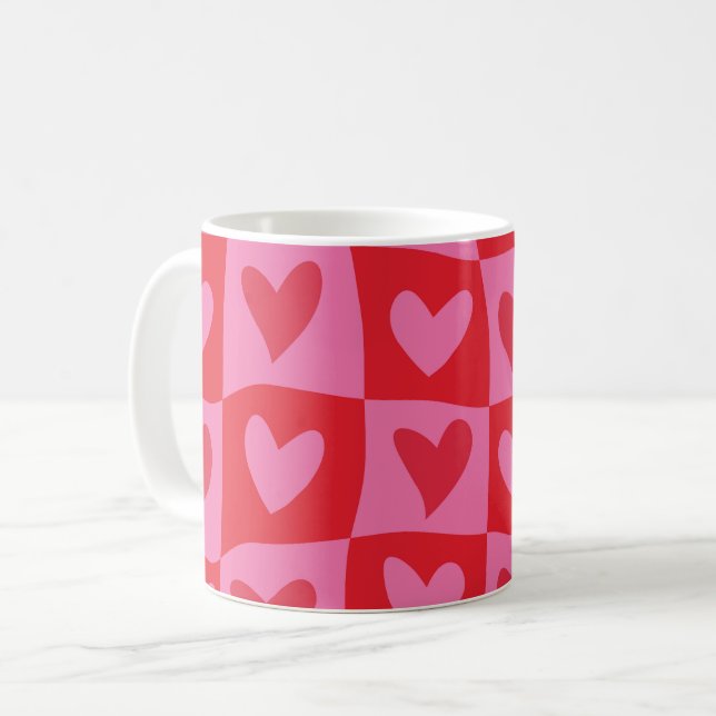 Checkered Warped Pink and Red Hearts Pattern  Coffee Mug (Front Left)