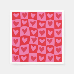 Checkered Warped Pink and Red Hearts Pattern Napkins