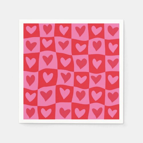 Checkered Warped Pink and Red Hearts Pattern  Napkins