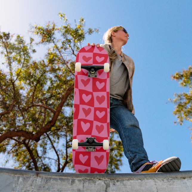 Checkered Warped Pink and Red Hearts Pattern  Skateboard (Outdoor 1)