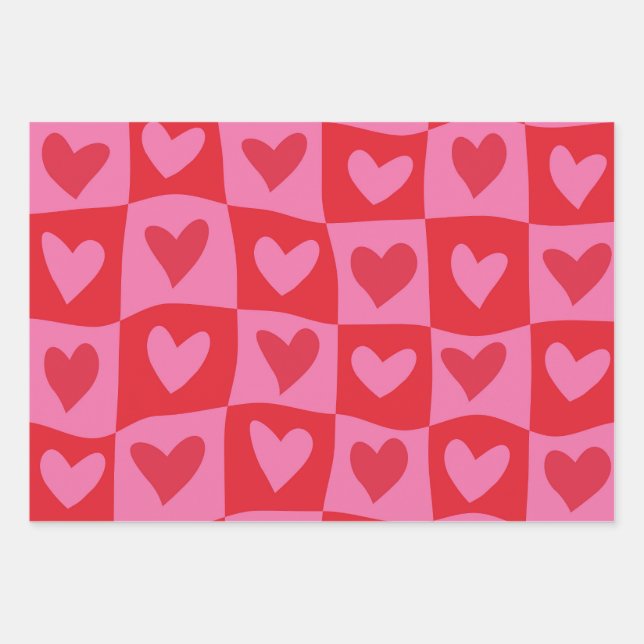 Checkered Warped Pink and Red Hearts Pattern  Wrapping Paper Sheets (Front)