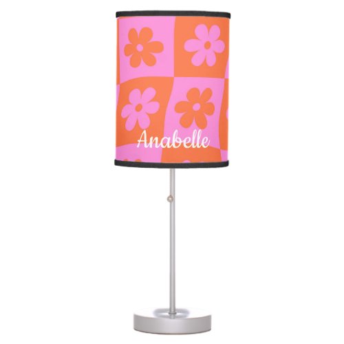 Checkered Warped Pink Orange Flowers Nursery Table Lamp