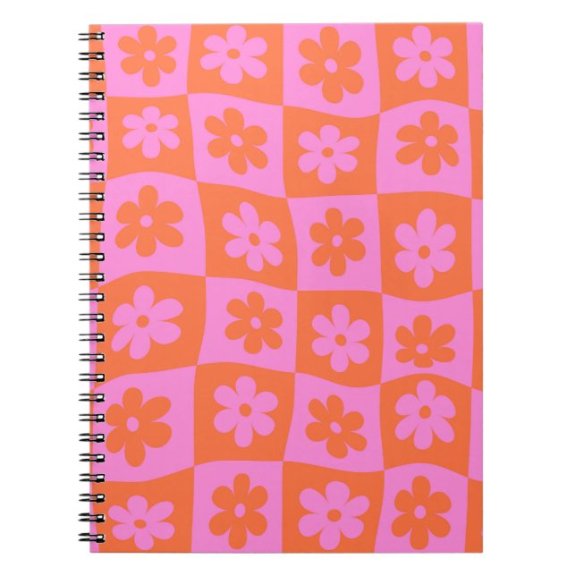 Checkered Warped Retro Pink and Orange Flowers Notebook (Front)