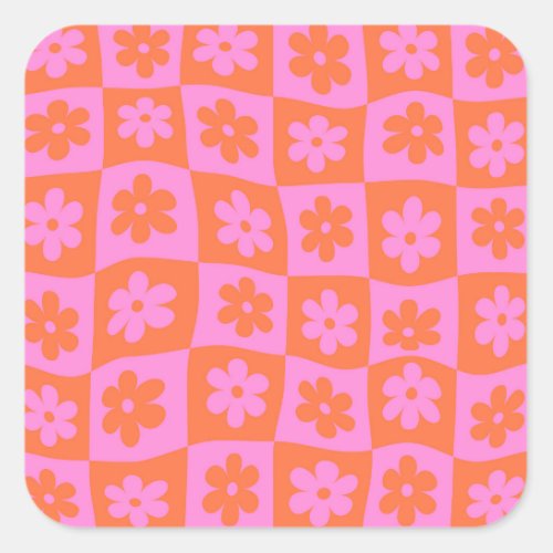 Checkered Warped Retro Pink and Orange Flowers Square Sticker