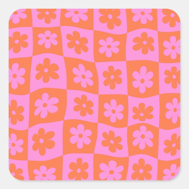 Checkered Warped Retro Pink and Orange Flowers Square Sticker (Front)