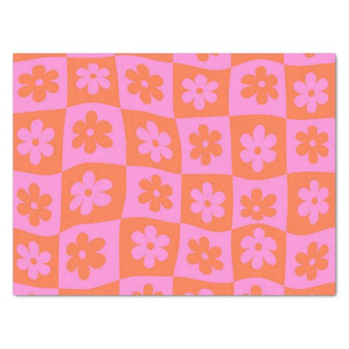 Checkered Warped Retro Pink and Orange Flowers Tissue Paper