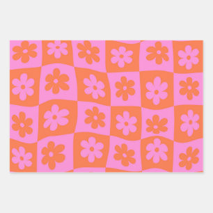 Checkered Warped Retro Pink and Orange Flowers Wrapping Paper Sheets