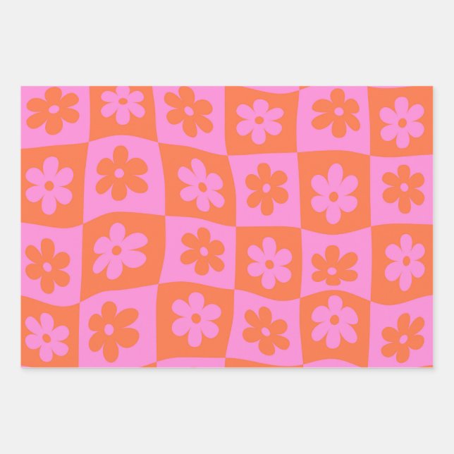 Checkered Warped Retro Pink and Orange Flowers Wrapping Paper Sheets (Front)