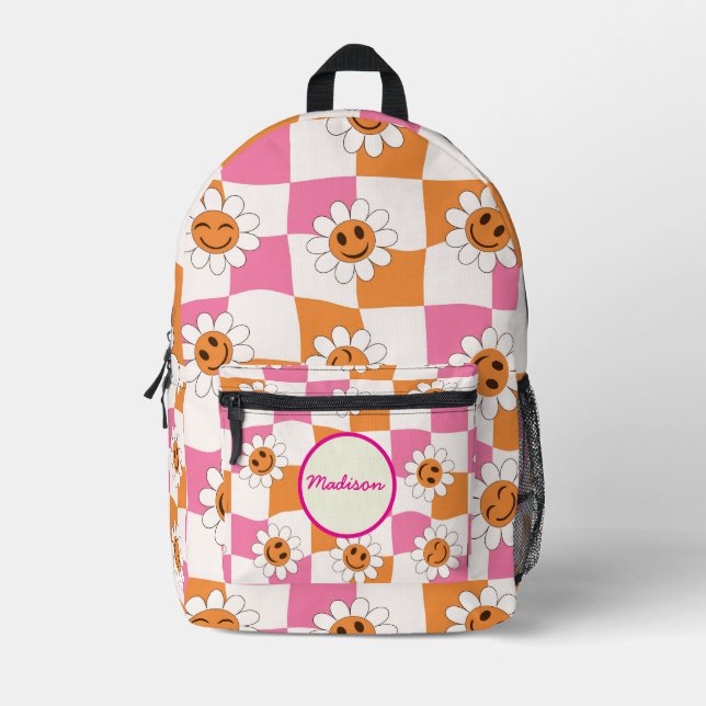 Checkered Warped Smiling flowers Custom Name  Printed Backpack (Front)