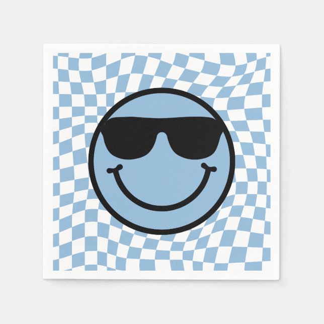 Checkered Wavy Blue Cool Preppy Smile Birthday Napkins (Front)