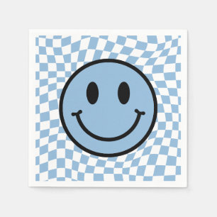 Checkered Wavy Blue Preppy Smile Birthday Napkins