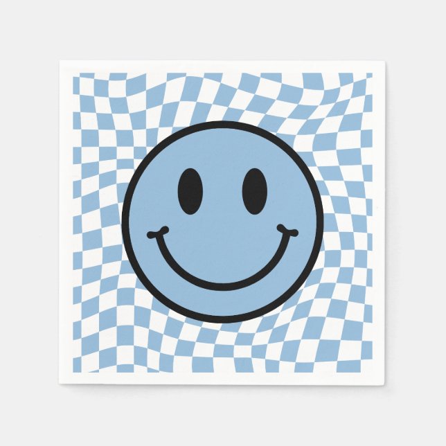 Checkered Wavy Blue Preppy Smile Birthday Napkins (Front)