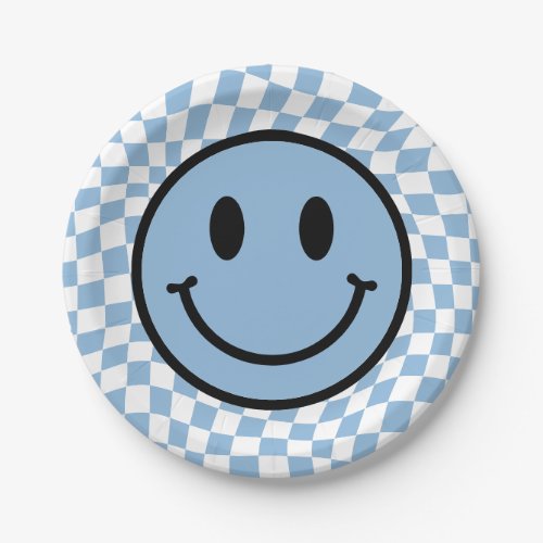 Checkered Wavy Blue Preppy Smile Birthday Paper Plates