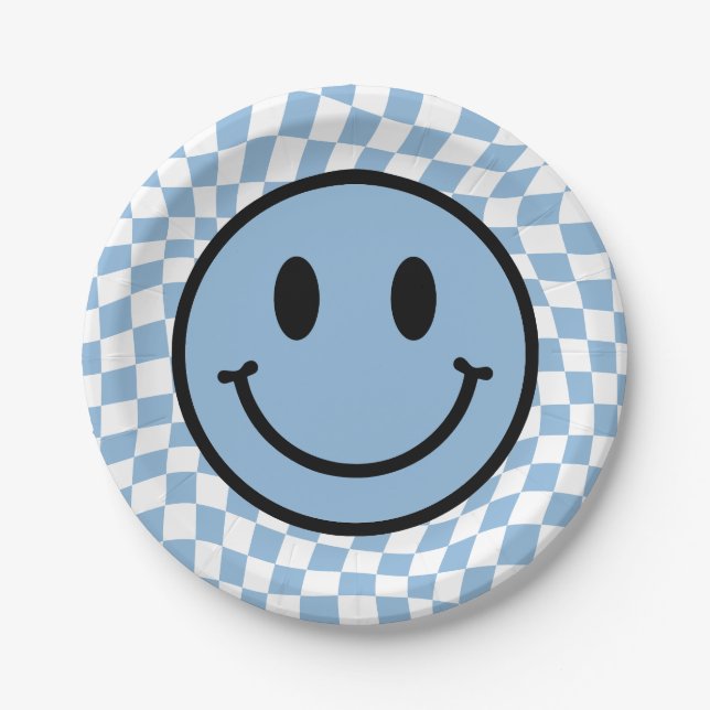 Checkered Wavy Blue Preppy Smile Birthday Paper Plates (Front)
