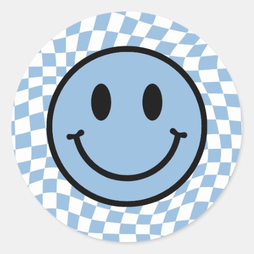 Checkered Wavy Blue Preppy Smile Classic Round Sticker