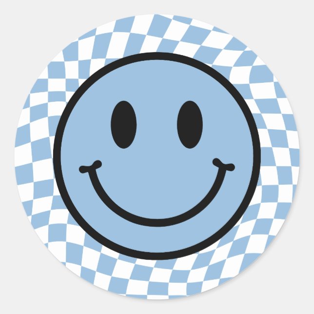 Checkered Wavy Blue Preppy Smile Classic Round Sticker (Front)