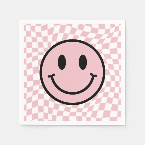 Checkered Wavy Pink Preppy Smile Birthday Napkins