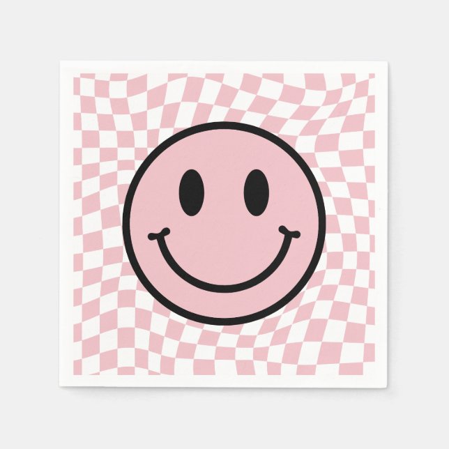 Checkered Wavy Pink Preppy Smile Birthday Napkins (Front)