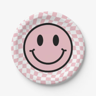 Checkered Wavy Pink Preppy Smile Birthday Paper Plates
