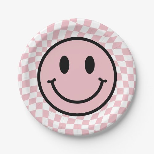 Checkered Wavy Pink Preppy Smile Birthday Paper Plates