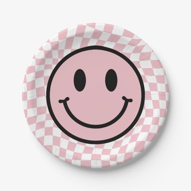 Checkered Wavy Pink Preppy Smile Birthday Paper Plates (Front)